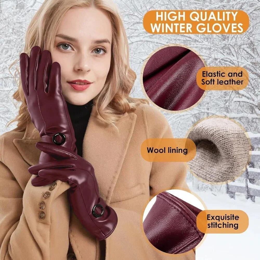 Women's Red Lambskin Leather Gloves Warm Touchscreen Winter Driving Gift